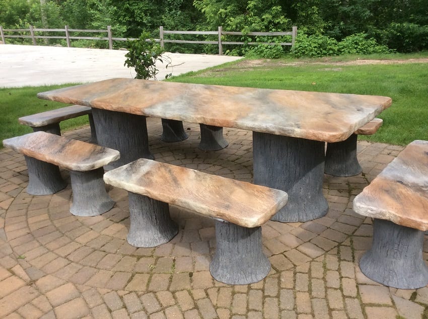Custom 10' Concrete Dining Table Top & Base with Matching Benches Stamped in Wood Bark Design